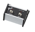 Metal footswitch with two labeled buttons for channel select and effects by Fender with side input jack.