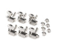 Set of six chrome guitar tuning machine heads with six metal washers on a white background.