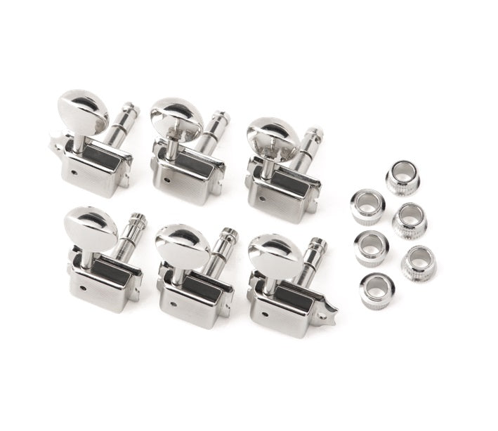 Set of six chrome guitar tuning machine heads with six metal washers on a white background.