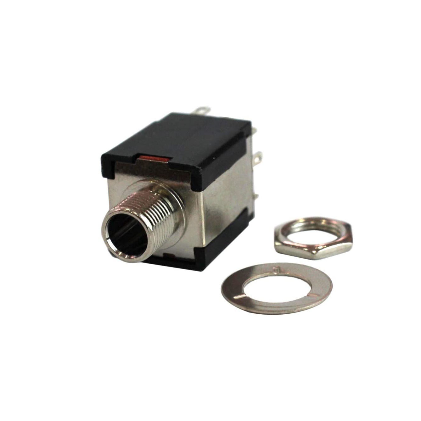 A rectangular audio jack socket with black plastic housing and metal threading, with a mounting nut and lock washer beside it.