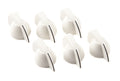Six white plastic control knobs with a black indicator line arranged on a white background.