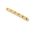 Gold-colored pre-slotted brass nut for guitar with six evenly spaced slots, photographed on white background.