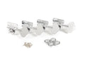 Set of four chrome bass tuning machines with screws and bushings arranged on white background.