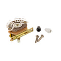 A vintage-style guitar selector switch with black and white switch tips and two mounting screws on white background.