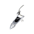 Polished silver metal vibrato tailpiece with black embossed Bigsby logo and three screws on white background