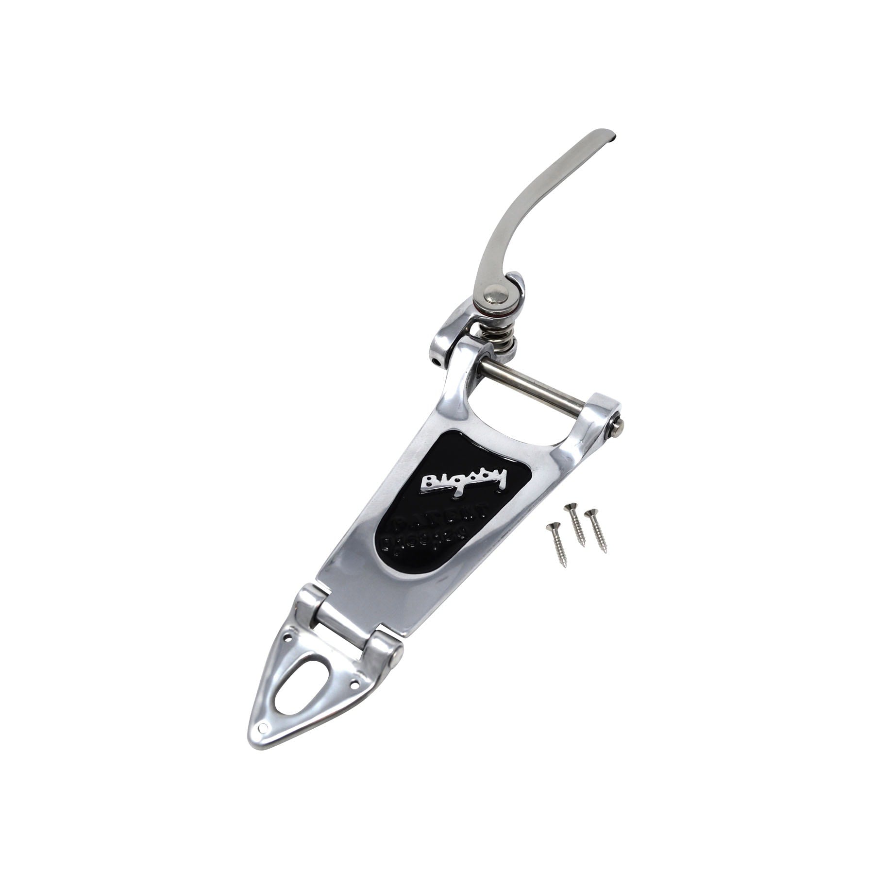 Polished silver metal vibrato tailpiece with black embossed Bigsby logo and three screws on white background