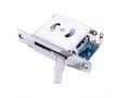 Metallic 3-position selector switch for guitar with mounted lever and terminal lugs on circuit board.