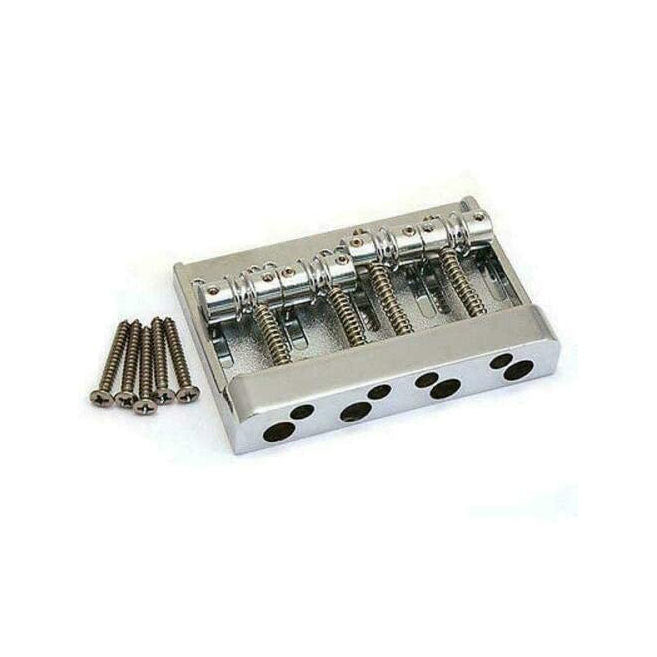 Silver metal 4-string bass bridge with four adjustable saddles and six mounting screws.