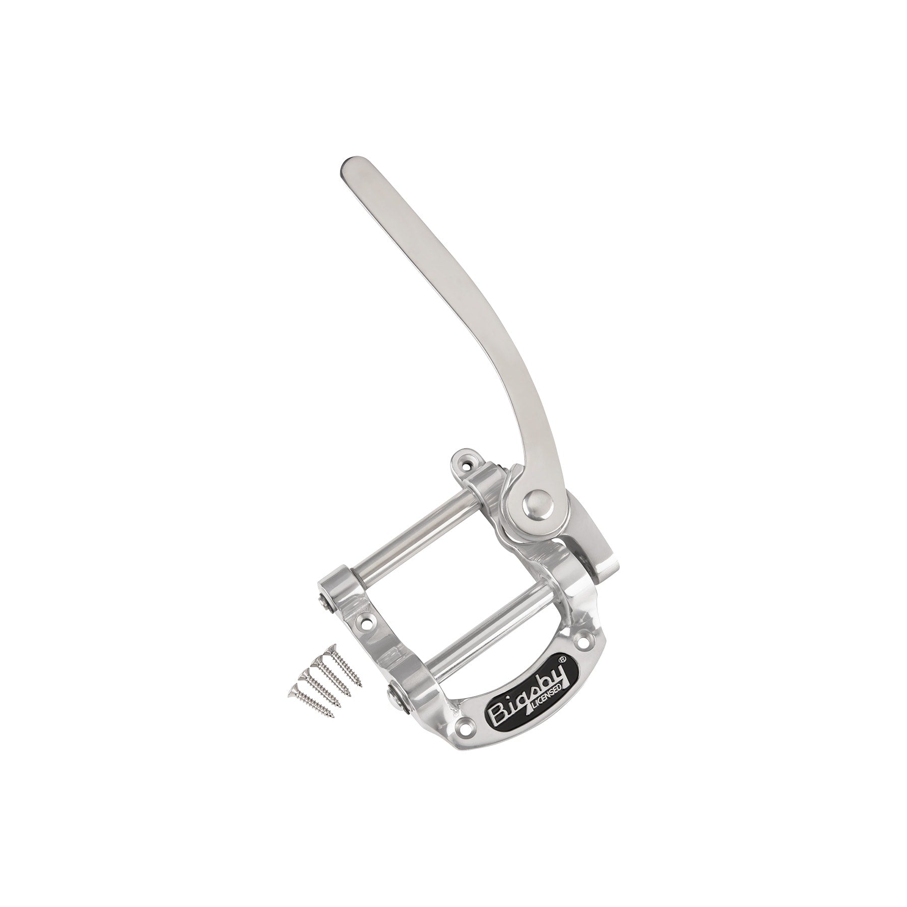 Polished silver guitar tremolo arm with mounting bracket and four screws on white background.