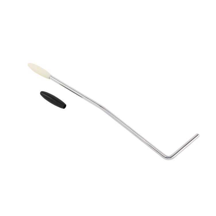 Chrome tremolo arm with white and black plastic knobs laid out on a white background.
