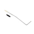 Chrome tremolo arm with white and black plastic knobs laid out on a white background.