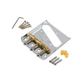 Metal guitar bridge plate with three brass saddles, screws, an allen wrench, and three yellow bushings shown on white background.
