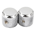 Two silver metal knurled knobs with slotted screws on the side.
