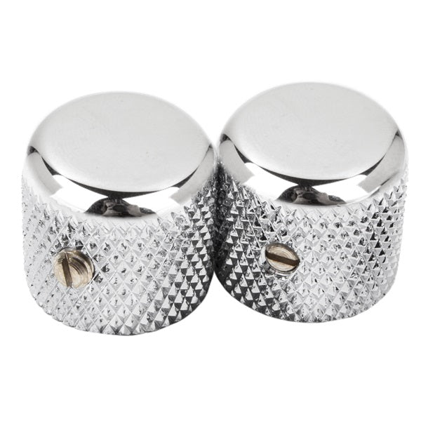 Two silver metal knurled knobs with slotted screws on the side.
