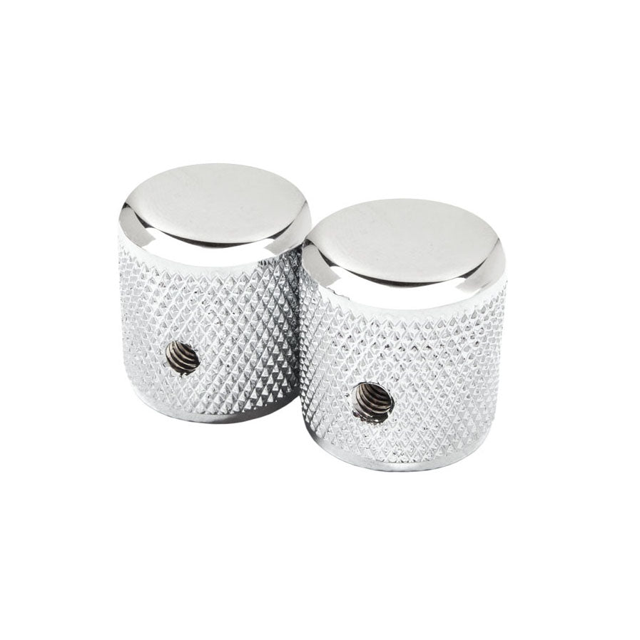 Two silver-colored metal knurled knobs with screws visible inside the holes.