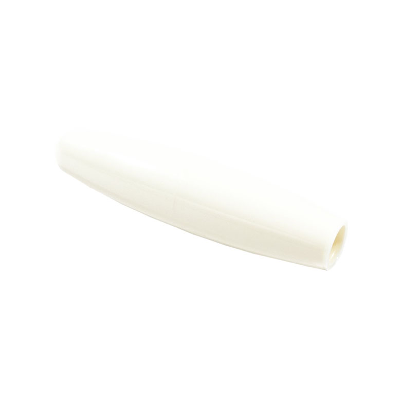 A vintage white, tapered, hollow plastic tremolo arm tip for a guitar.