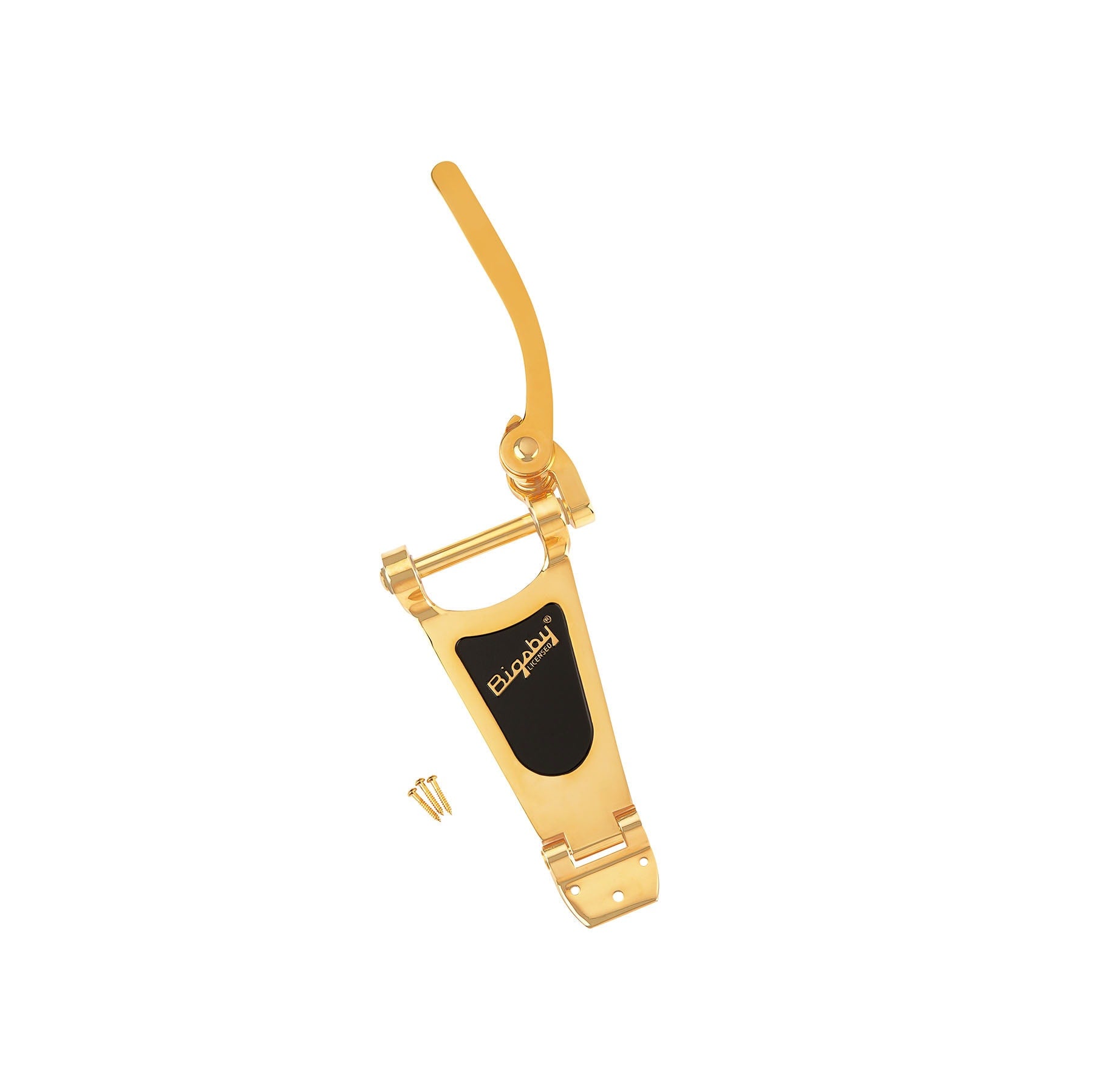 Gold-colored metal tremolo arm for guitar with three screws and black label marked Bigsby LICENSED.