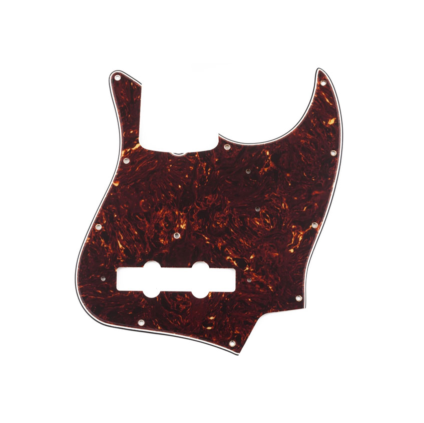 Brown tortoiseshell patterned guitar pickguard with 11 screw holes and cutouts for pickups and controls.