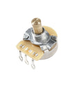 Metal rotary potentiometer with a solid brass shaft and three solder lug connectors on a beige plastic base