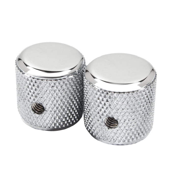 Two silver metal knurled knobs with set screws shown on a white background.