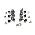 Set of six chrome open back guitar tuning pegs with matching bushings and screws on a white background.