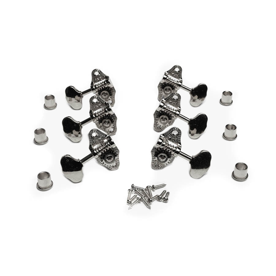 Set of six chrome open back guitar tuning pegs with matching bushings and screws on a white background.