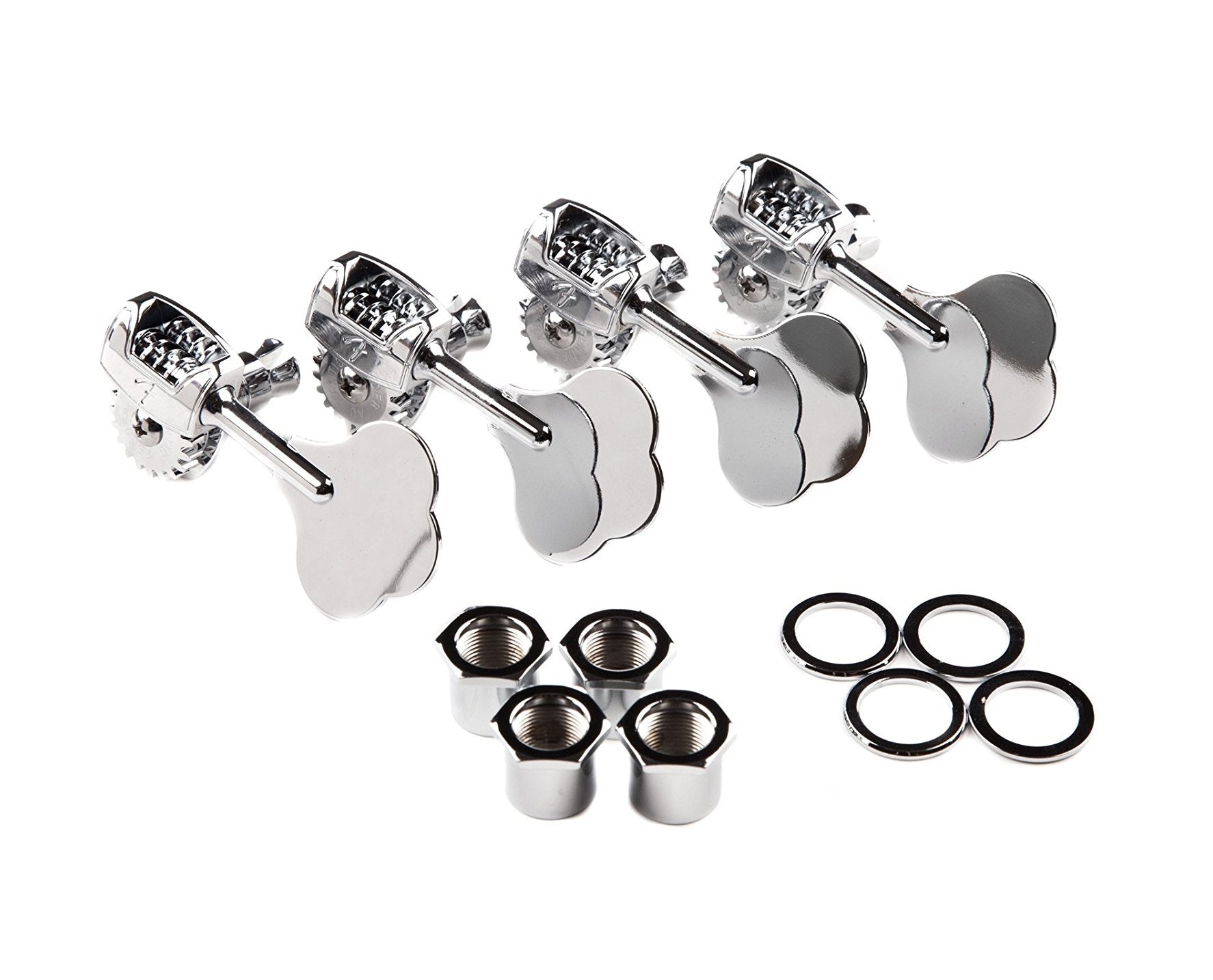 Four chrome guitar bass tuning machines with hex nuts and washers on a white background.