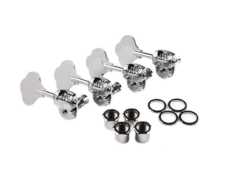Set of four silver tuning machines with bushings and washers on white background