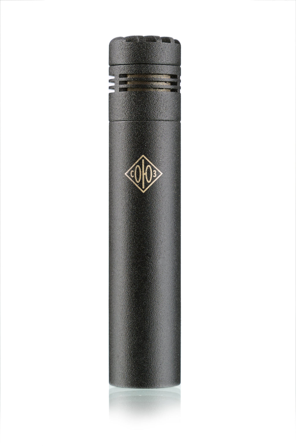 Black cylindrical microphone with a gold diamond-shaped logo on front, on white background.