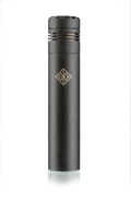 Black cylindrical microphone with a gold diamond-shaped logo on front, on white background.