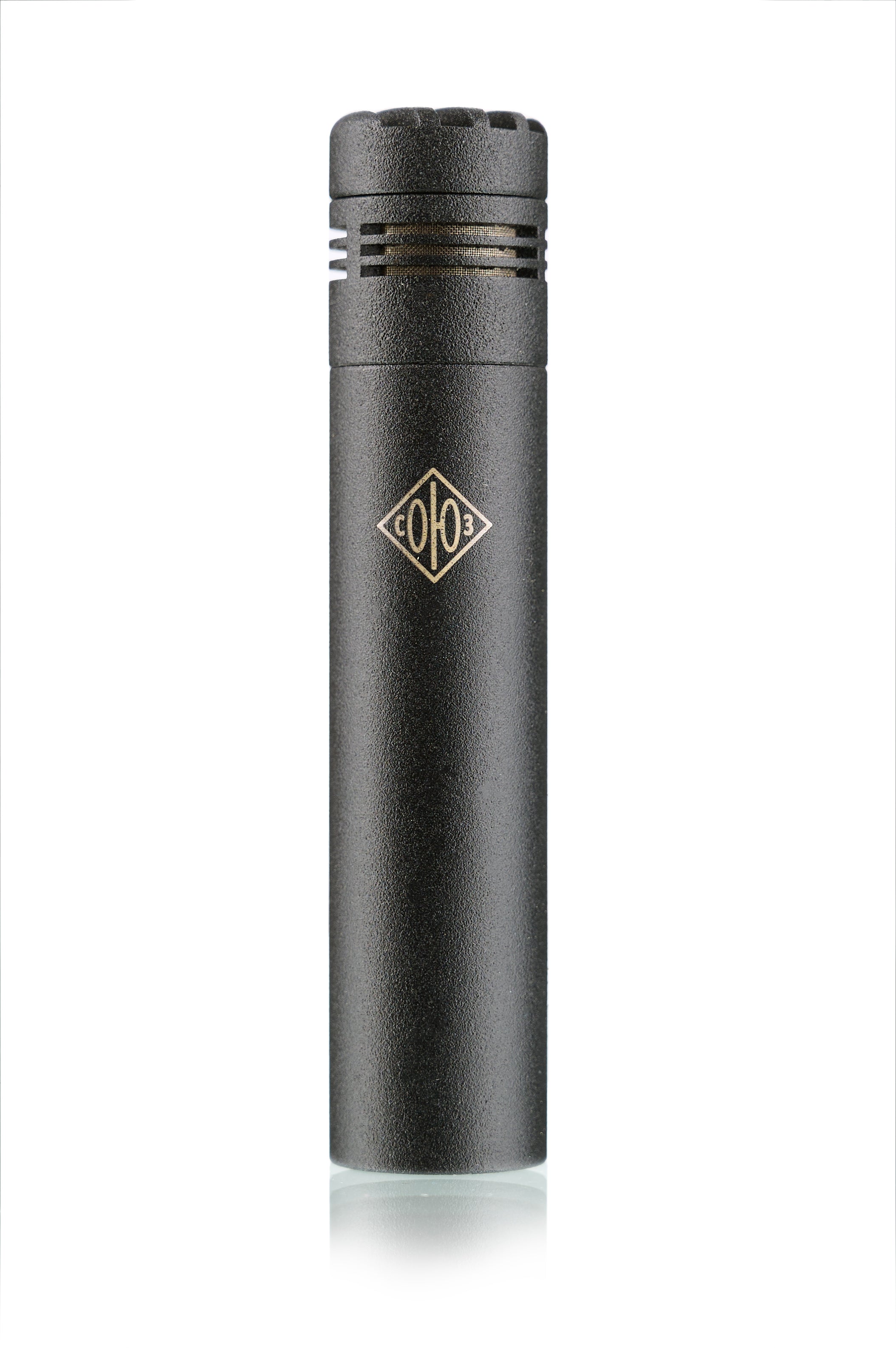 Black cylindrical microphone with a gold diamond-shaped logo on front, on white background.