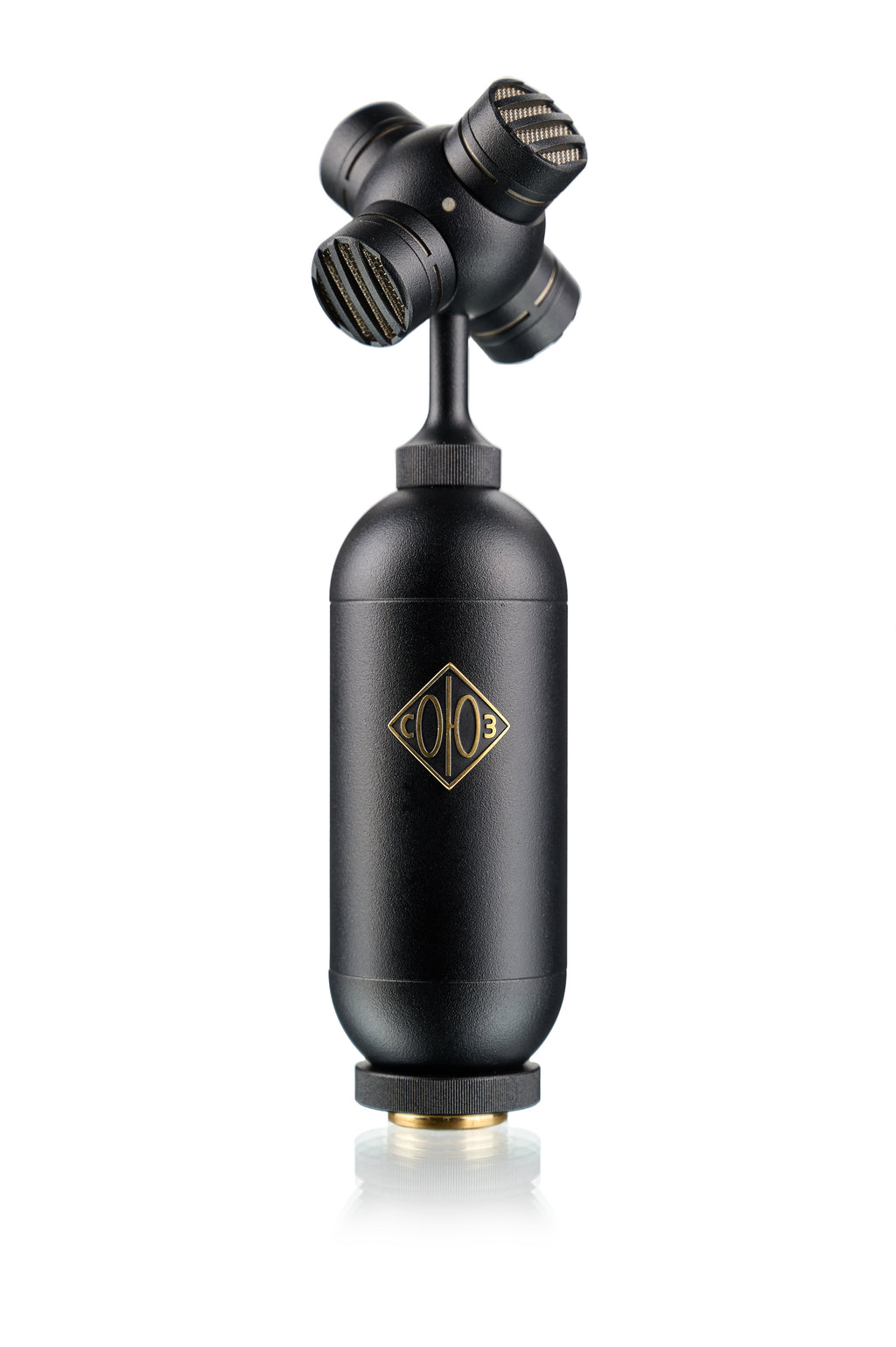 Black multi-capsule microphone with gold logo and mesh-covered capsule heads arranged in a 3D pattern on a white background.