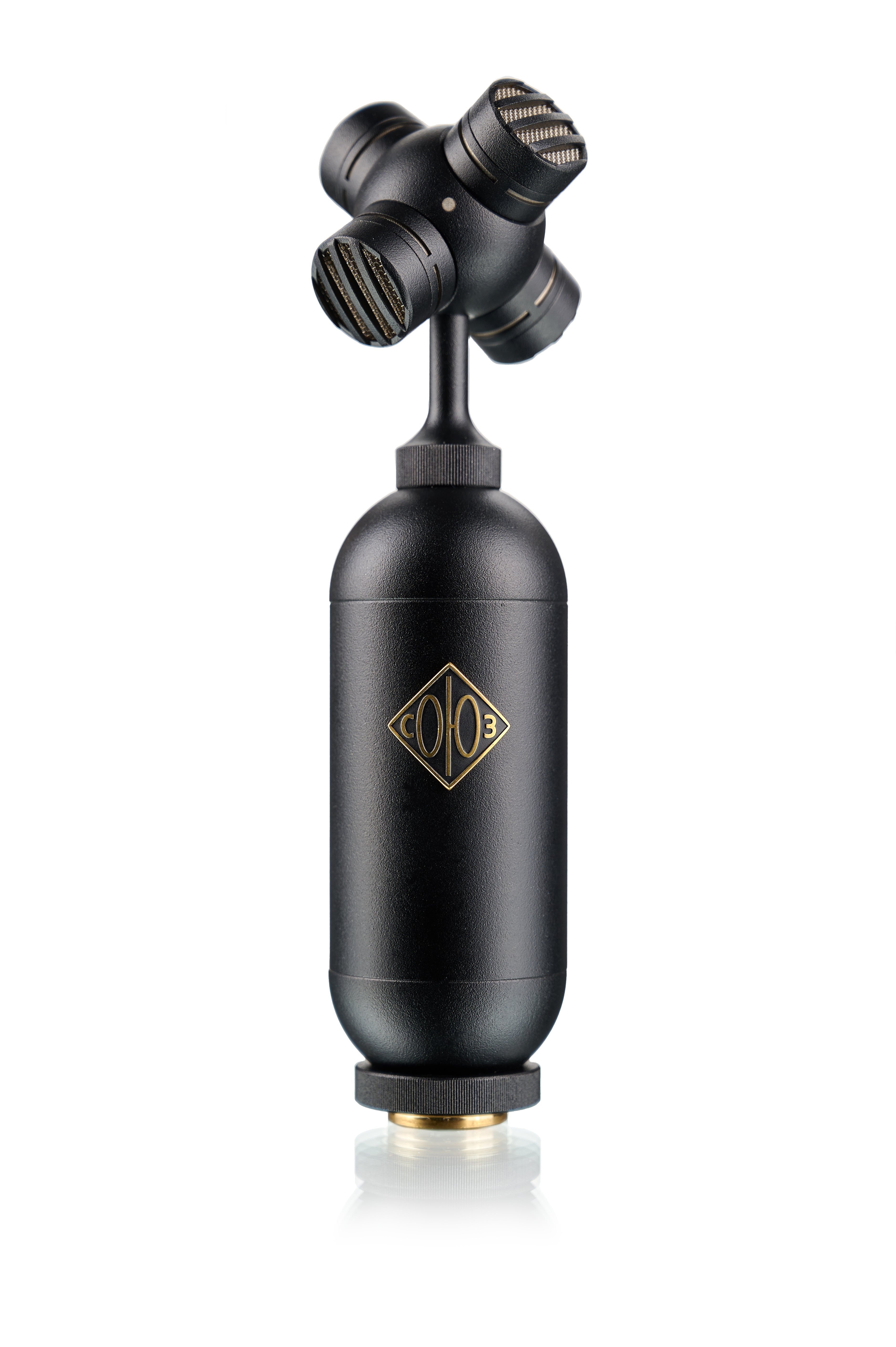 Black multi-capsule microphone with gold logo and mesh-covered capsule heads arranged in a 3D pattern on a white background.