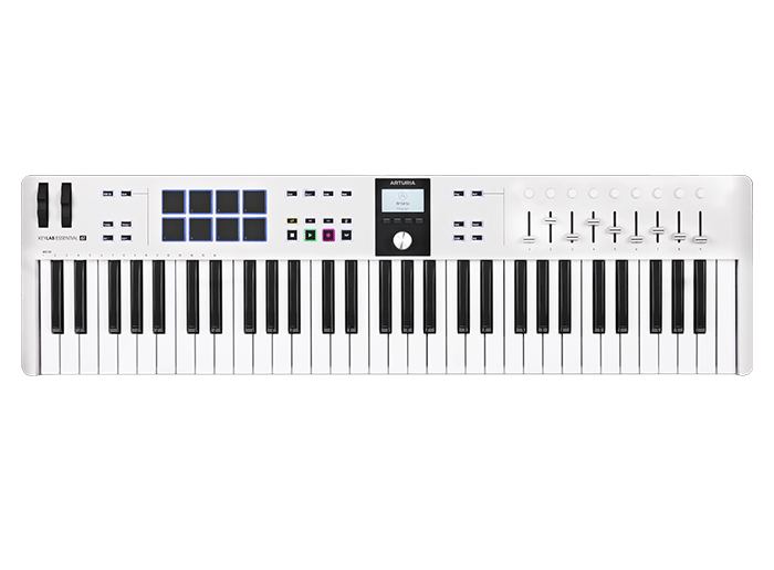 White MIDI keyboard controller with 61 keys, 8 pads, multiple faders, knobs, buttons, and a small display screen.