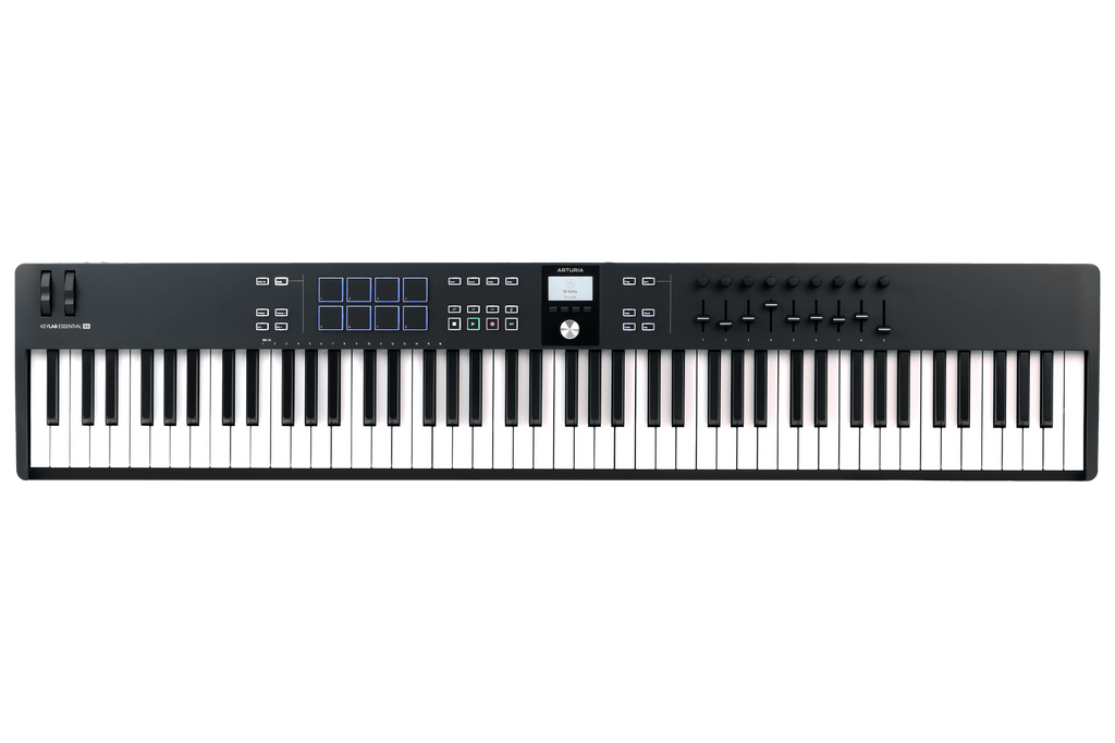 Black 88-key MIDI controller keyboard with pads, buttons, knobs, faders, and a display screen.