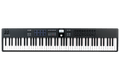 Black 88-key MIDI controller keyboard with pads, buttons, knobs, faders, and a display screen.