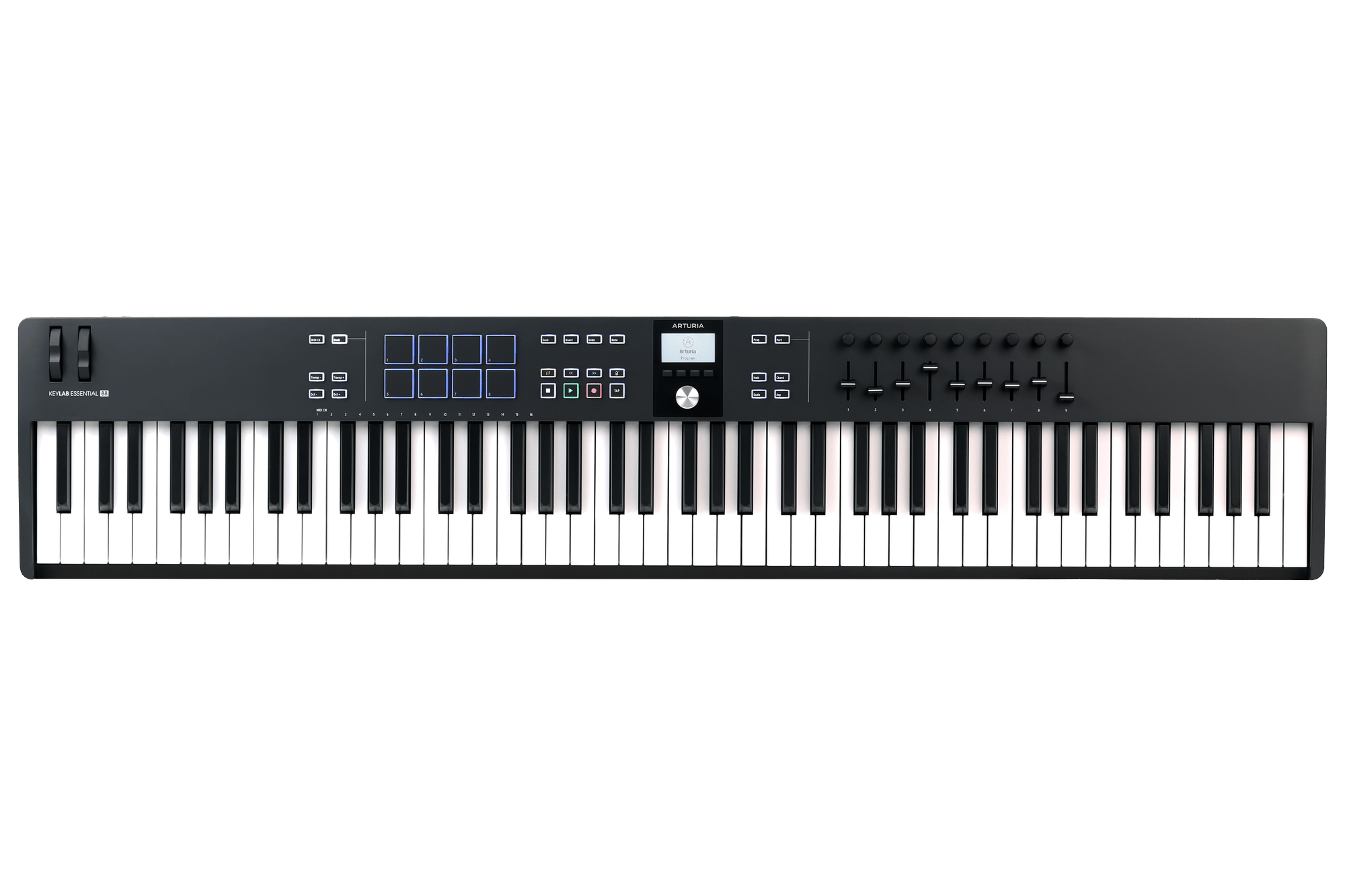 Black 88-key MIDI controller keyboard with pads, buttons, knobs, faders, and a display screen.