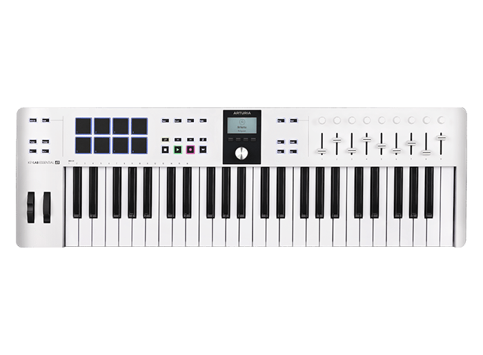 White MIDI controller keyboard with 49 keys, 8 pads, 9 faders, buttons, knobs, and a small display screen.