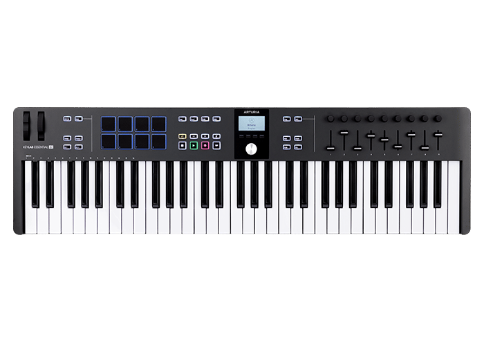 Black MIDI controller keyboard with 61 keys, 8 pads, multiple knobs, faders, buttons, and small display screen.