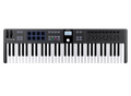 Black MIDI controller keyboard with 61 keys, 8 pads, multiple knobs, faders, buttons, and small display screen.
