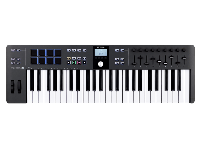 Black MIDI keyboard controller with 49 keys, 8 pads, multiple knobs and faders, and a small display in the center.
