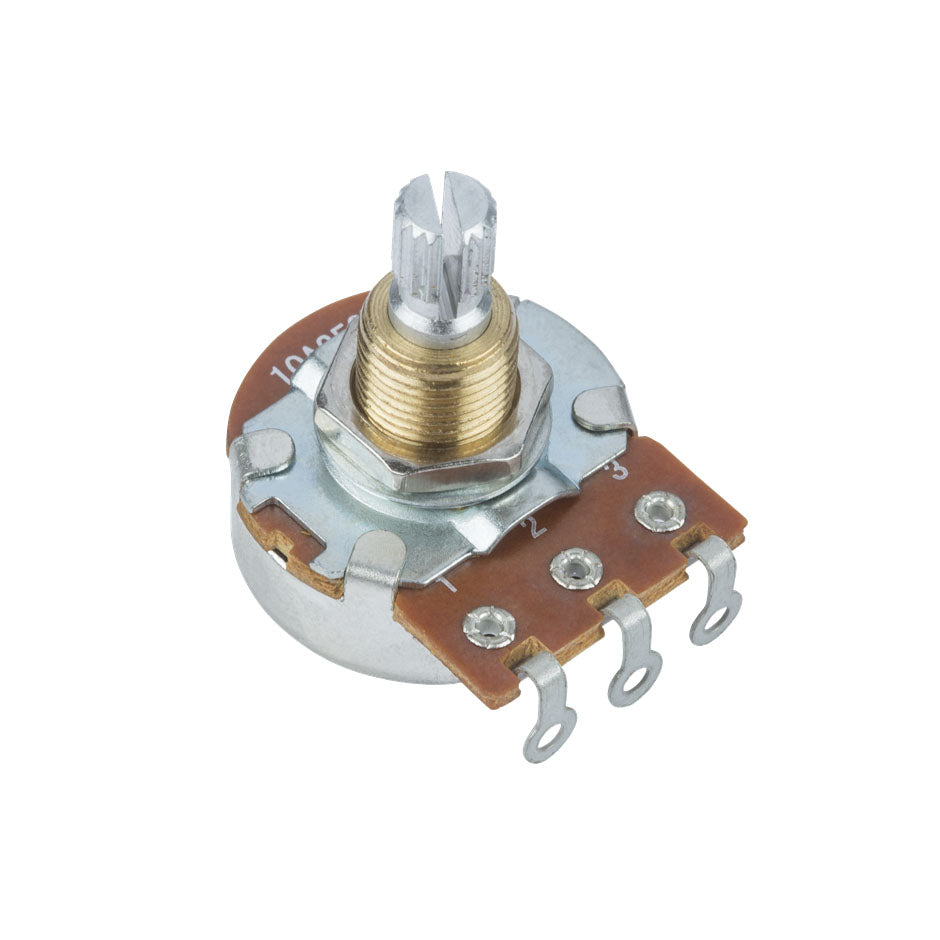 Rotary potentiometer with split shaft and three solder lug terminals on a brown base.
