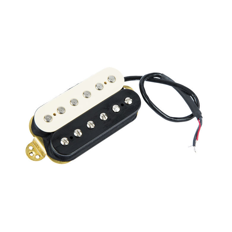Black and white dual-coil guitar pickup with bare wire leads and gold mounting plate.