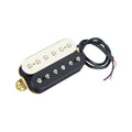 Black and white dual-coil guitar pickup with six adjustable pole pieces and attached black wire with bare ends.
