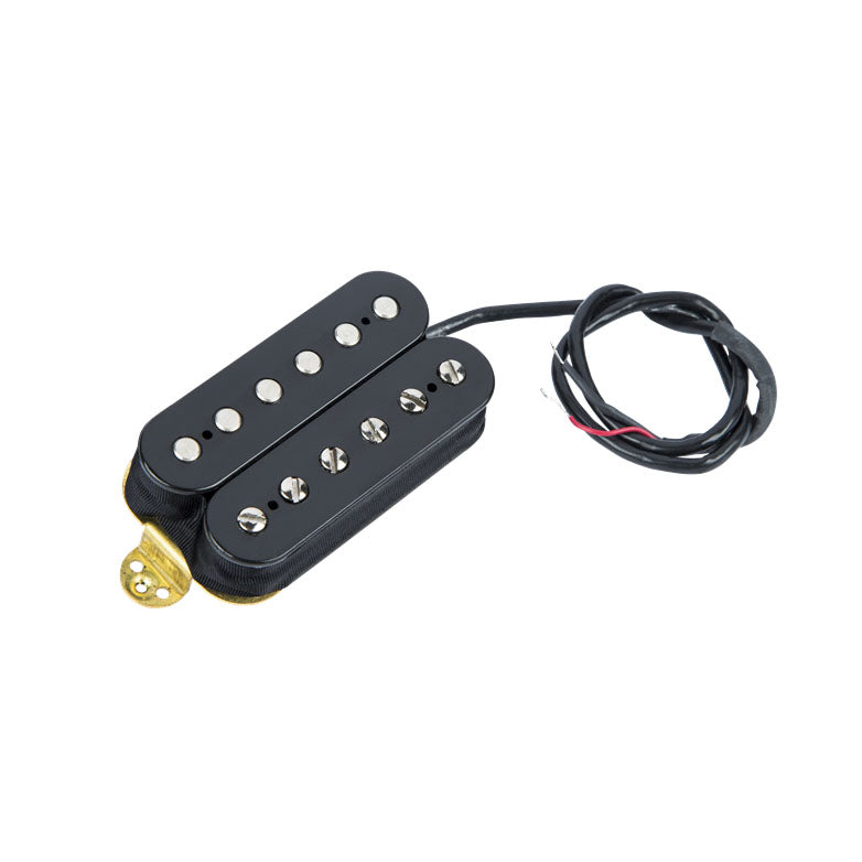 Black electric guitar humbucker pickup with black wire leads coiled beside it.