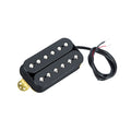 Black humbucker guitar pickup with metal pole pieces and attached black cable with exposed wires.