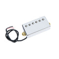 Chrome guitar pickup with six adjustable pole screws and attached black wire leads.