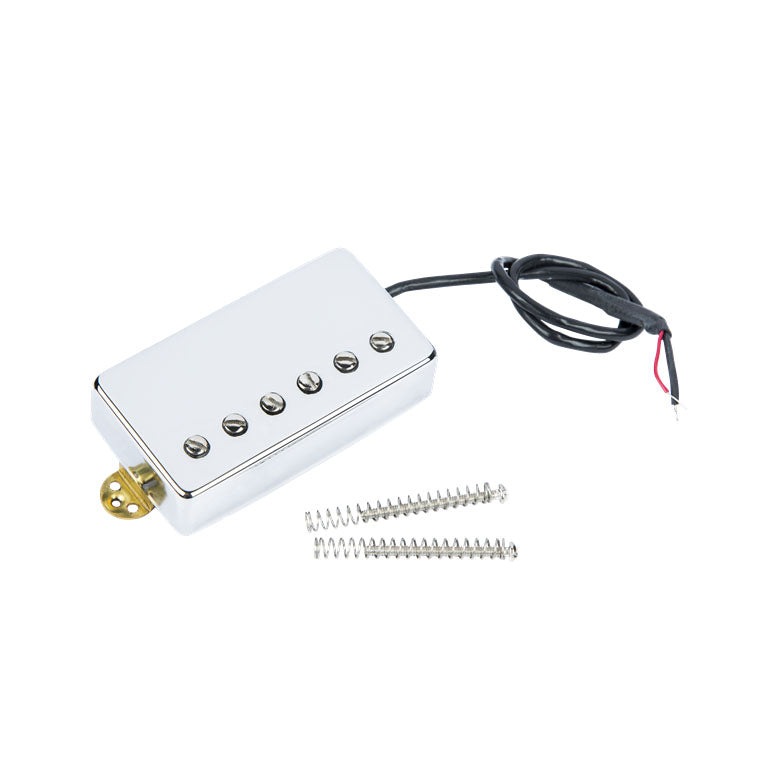 Chrome electric guitar pickup with six pole pieces and attached black wire leads, alongside two screws and two springs.