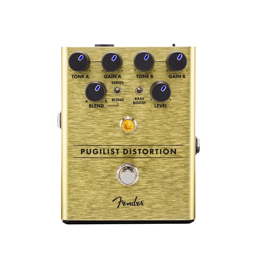 Gold-colored distortion pedal with six knobs, two toggle switches, a footswitch, and Fender branding.
