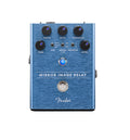 Blue Fender guitar delay pedal with six knobs, three switches, a footswitch, and a blue LED indicator.